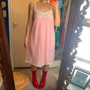 60s Vintage Lace Babydoll Slip Dress Pink White S